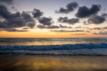 Beautiful sunrise over the sea at Bali Island. Beautiful view and colour of the sky. Magical holiday trip.
