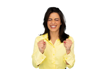Euphoric businesswoman clenching her fists in celebration, expressing joy and triumph, isolated on...