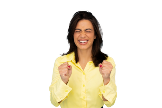 Euphoric businesswoman clenching her fists in celebration, expressing joy and triumph, isolated on transparent background
