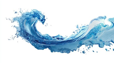 Obraz premium A dynamic, translucent blue wave, sculpted in motion, with splashes and droplets against a stark white background. It evokes feelings of fluidity, freshness, and energy