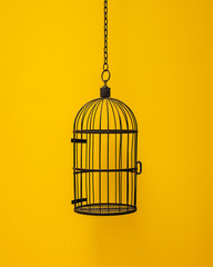Bird Cage Without a Door and a Loose Hanging Chain on Yellow Background Representing Illusion of Freedom and Invisible Restraint. Generative AI