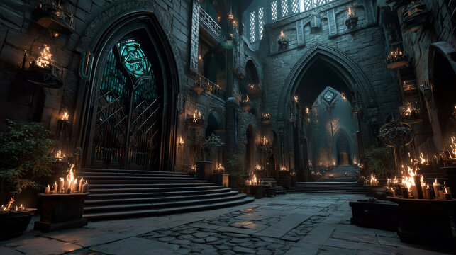 Medieval castle dungeon prison hallway illuminated by flaming torches on stone walls. Long corridor with barred cells, gothic arches, cobblestone floor leading to stairs. Underground game environment.