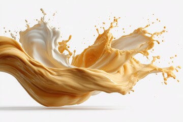 Liquid caramel and milk splash on white background