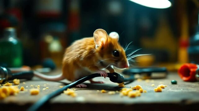 A small, ginger mouse nibbles on a cable on a cluttered workbench, surrounded by crumbs