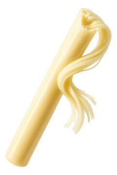 A close-up of a peeled string cheese stick showing thin, fibrous strands of the cheese.