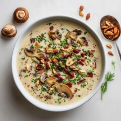 Mushroom soup with almonds and herbs on white background