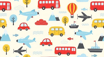 Seamless pattern of colorful vehicles including buses cars airplanes and boats on light background