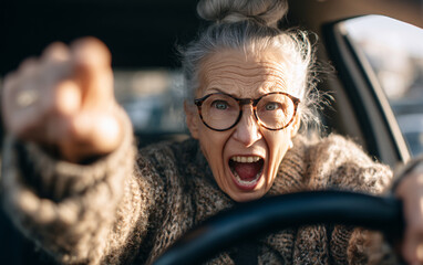 elderly woman in glasses angrily shouting and pointing while driving a car in traffic wearing a knitted sweater with dramatic facial expression in urban setting	