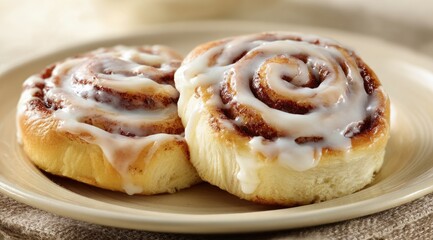 Two golden-brown cinnamon rolls, glistening with a creamy glaze, rest on a beige plate.  The rolls show swirls of cinnamon filling