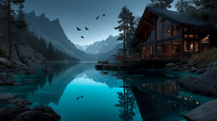 Fototapeta premium Forest lake cartoon with log cabin on shore and mountain peaks in background. Pine trees surround blue water and small pier extends from cozy house. Adventure and eco tourism travel atmosphere.