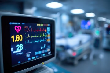 A hospital room's monitor displays vital signs?heart rate, blood pressure, and oxygen saturation?with a blurred hospital bed in the background suggesting patient care