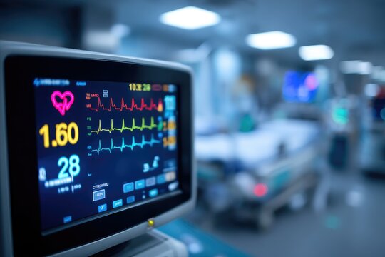 A hospital room's monitor displays vital signs?heart rate, blood pressure, and oxygen saturation?with a blurred hospital bed in the background suggesting patient care