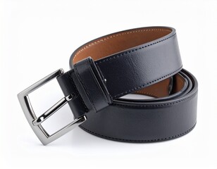Fastened fashionable men's leather belt with dark matted metal buckle isolated