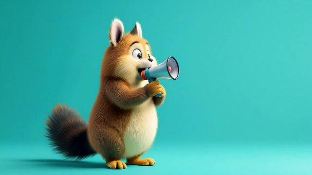 Adorable, furry chipmunk holding a megaphone against a teal background