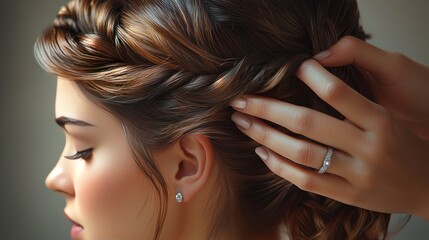 Elegant Bridal Hair Styling, Close-Up of a Woman's Exquisitely Braided Hair with Diamond Ring Accent