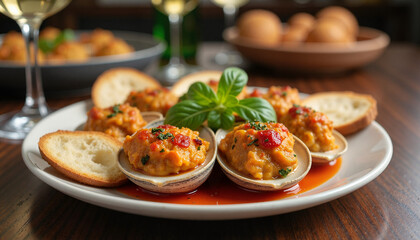 Stuffed clams served with bread and garnished with basil on a plate  