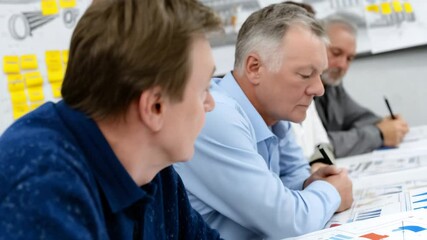 Strategic Planning: A focused team engages in a productive meeting, collaboratively analyzing architectural plans, emphasizing the dedication and focus required in project management.