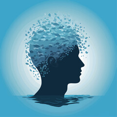 Drowning Thoughts Silhouette Vector &ndash; Human Head Half-Filled with Water and Swimmers Inside, Symbol of Overthinking and Deep Reflection