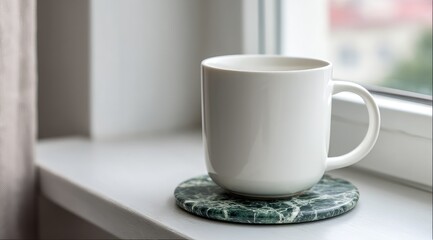 Obraz premium A plain white mug sits on a dark green marble coaster on a windowsill, natural light illuminating the scene