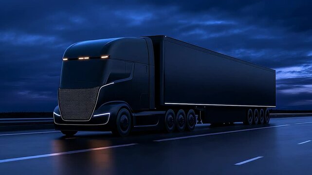 Night Drive: Futuristic Black Semi-Truck on Highway