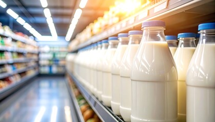 Milk bottles supermarket aisle.