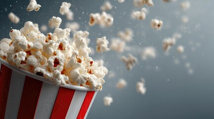 A red-and-white striped popcorn bucket overflows with fluffy, buttery popcorn against a muted gray backdrop; kernels fly through the air