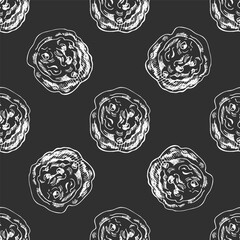 Hand drawn vintage seamless pattern of chocolate chip cookies in engraving sketch style on chalkboard background