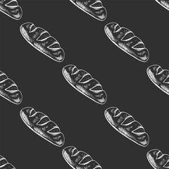 Hand drawn vintage seamless pattern of french baguette bread in engraving sketch style on chalkboard background