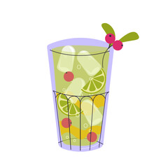 Fresh smoothie in doodle style. Delicious soft drink, lemonade, fruit juice, milkshake and mixed cocktail with ice. Refreshing summer beverage. Cartoon flat vector illustration isolated on background.