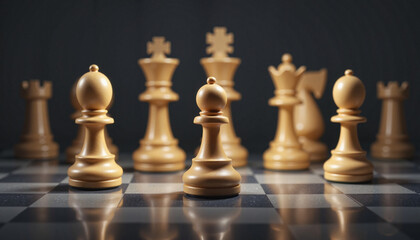 Wooden chess pieces arranged on a checkered board in dramatic light  