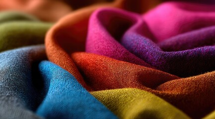 Close-up of richly colored, softly draped fabric swatches in a vibrant array of hues, showcasing texture and depth