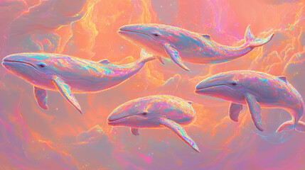 Fototapeta premium Fantasy whale swimming through colorful dreamlike skies and cosmic underwater scenes, blending marine life with surreal space elements.