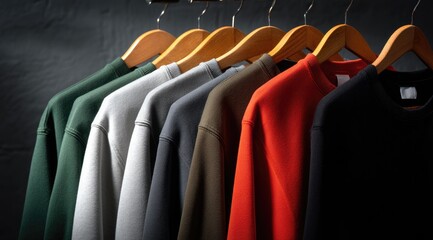 Seven crewneck sweatshirts in various muted colors hang neatly on wooden hangers against a dark backdrop.  The image showcases a minimalist, clean aesthetic
