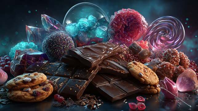 Broken candy game icons, cartoon crushed sweets with bites and crumbles. Chocolate truffle, dragee, praline, caramel, lollipop, toffee, cake, sandwich cookie and lemon slice, ui vector elements set