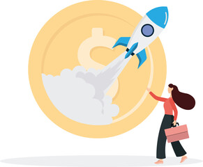 Rapid business growth, massive sales of products, skyrocketed profit, company earning or financial gain concept, Cheerful businessman with exponential graph.