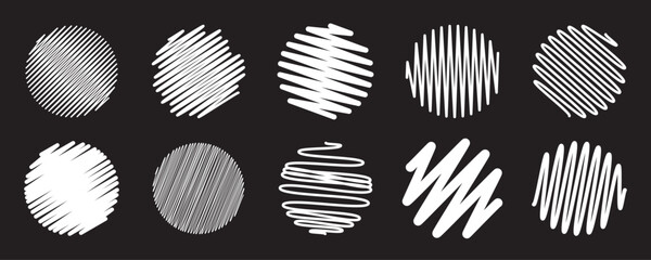 Doodle scribble white round shapes collection. Circle set. The hand drawing effect. Brush texture. Editable stroke. Vector elements for posters, banners, design and projects. White background.