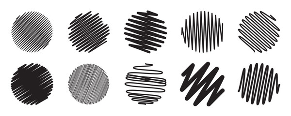 Doodle scribble black round shapes collection. Circle set. The hand drawing effect. Brush texture. Editable stroke. Vector elements for posters, banners, design and projects. White background.