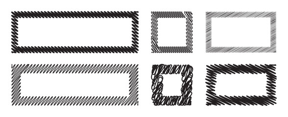 Doodle scribble black frames collection. Square, rectangle shapes set. The hand drawing effect. Brush texture. Editable stroke. Vector elements for posters, banners, design and projects.