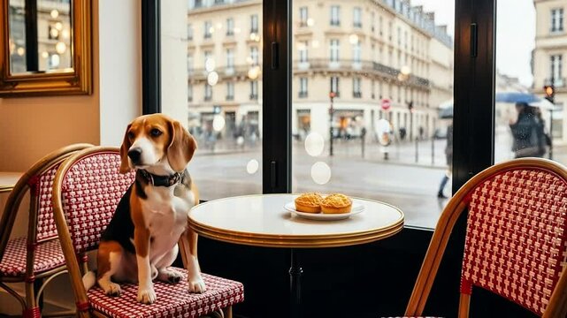 Beagle sits on chair at cafe table with pastries in Paris.