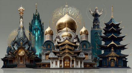 Obraz premium Cartoon religious buildings set with mosque, buddhist temple, orthodox church and catholic chapel. Traditional sacred architecture of different faiths with golden domes, minarets, pagoda roof.