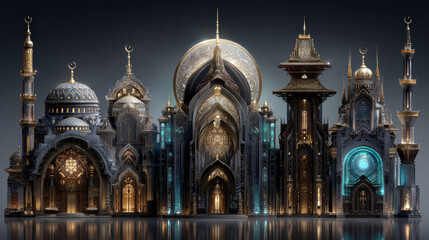 Obraz premium Cartoon religious buildings set with mosque, buddhist temple, orthodox church and catholic chapel. Traditional sacred architecture of different faiths with golden domes, minarets, pagoda roof.