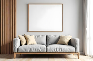 One wooden frame mockup on the wall in the room, mockups, living room with grey sofa, beige pillow, empty mockups for pictures in the living room, white empty space for picture on the wall