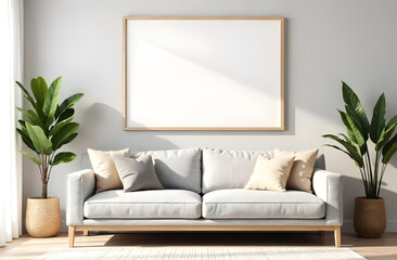 One wooden frame mockup on the wall in the room, mockups, living room with grey sofa,  empty mockup for pictures in the living room, white empty space for picture on the wall