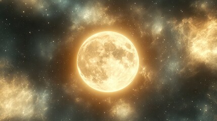 Obraz premium A luminous moon highlighted against a starry, nebulae-filled space.