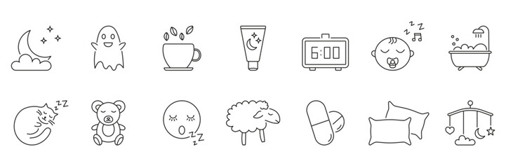 Sleep And Relaxation Line Icon Set. Nighttime Routine, Restful Sleep, And Relaxation Outline Symbols Collection. Editable Stroke. Isolated Vector Illustration