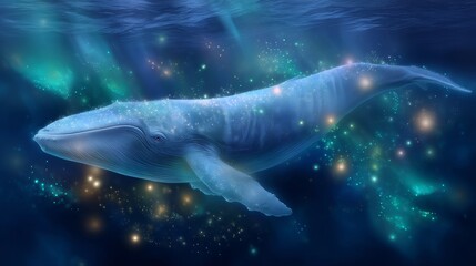 Fototapeta premium Majestic blue whale gliding through a luminescent ocean scene