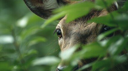 extreme close up of deer eye peeking through vibrant green leafy trees
