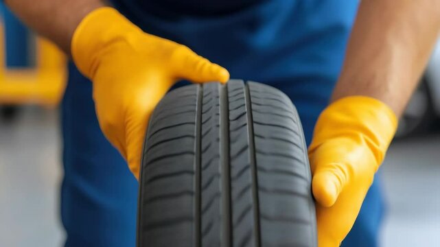 Close up of tire maintenance mechanic in yellow gloves inspects rubber texture and tread pattern, ensuring vehicle safety and showcasing diligence in automotive care.