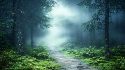 Fototapeta premium Dreamy mist filled forest path soft beams of light streaming through trees illuminating patches of moss ferns fog creates mystical atmosphere adding sense of tranquility and quiet wonder to the scene