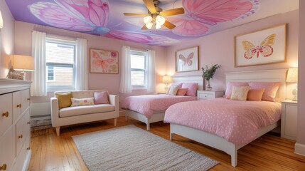 Charming butterfly-themed bedroom with pink decor and twin beds